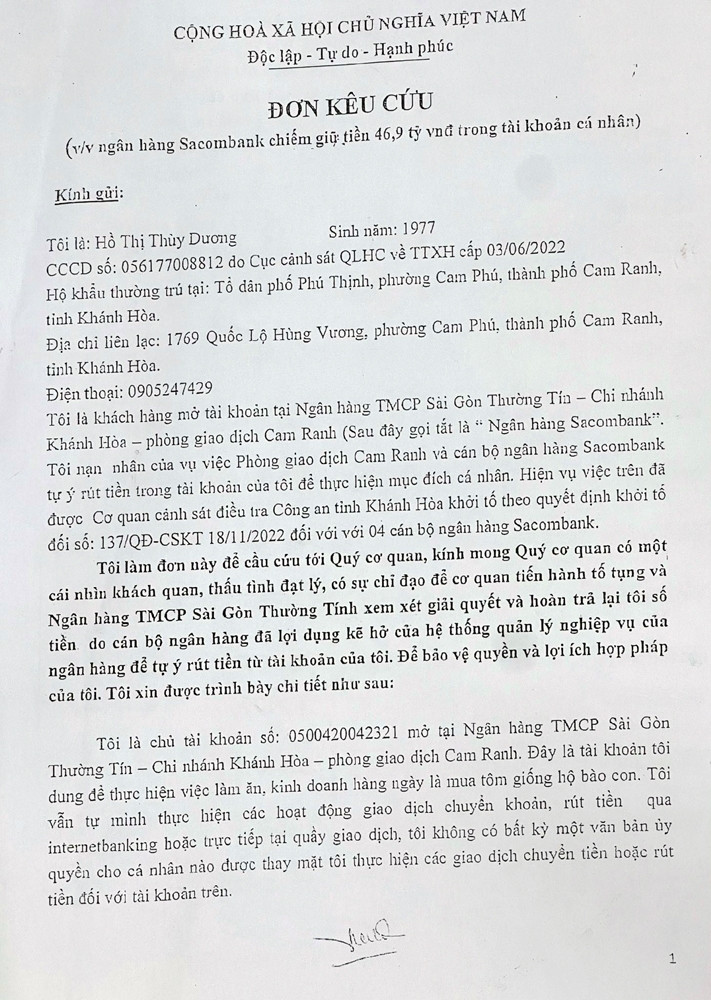 Bà Hồ Thị Thùy Dương gửi đơn kêu cứu đến Bộ Công an, Ngân hàng Nhà nước Việt Nam sau khi 46,9 tỷ đồng được gửi tại Chi nhánh Cam Ranh.