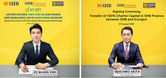 Ông Đỗ Quang Vinh (trái), Chủ tịch SHB Finance và ông Seiichiro Akita Chủ tịch kiêm CEO Krungsri ký thỏa thuận hợp tác bán 100% vốn của SHB Finance cho Krungsri.