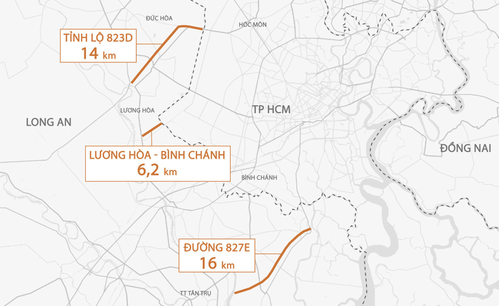 Ba tuyến đường từ Long An góp phần kết nối với TP HCM. Đồ hoạ: Thanh Huyền.