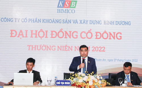 Ông Phan Tấn Đạt, Chủ tịch HĐQT Công ty Cổ phần Khoáng sản và Xây dựng Bình Dương, phát biểu tại đại hội đồng cổ đông.